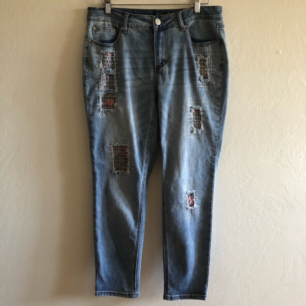 Baccini Distress Patch Embellished Straight Jeans
